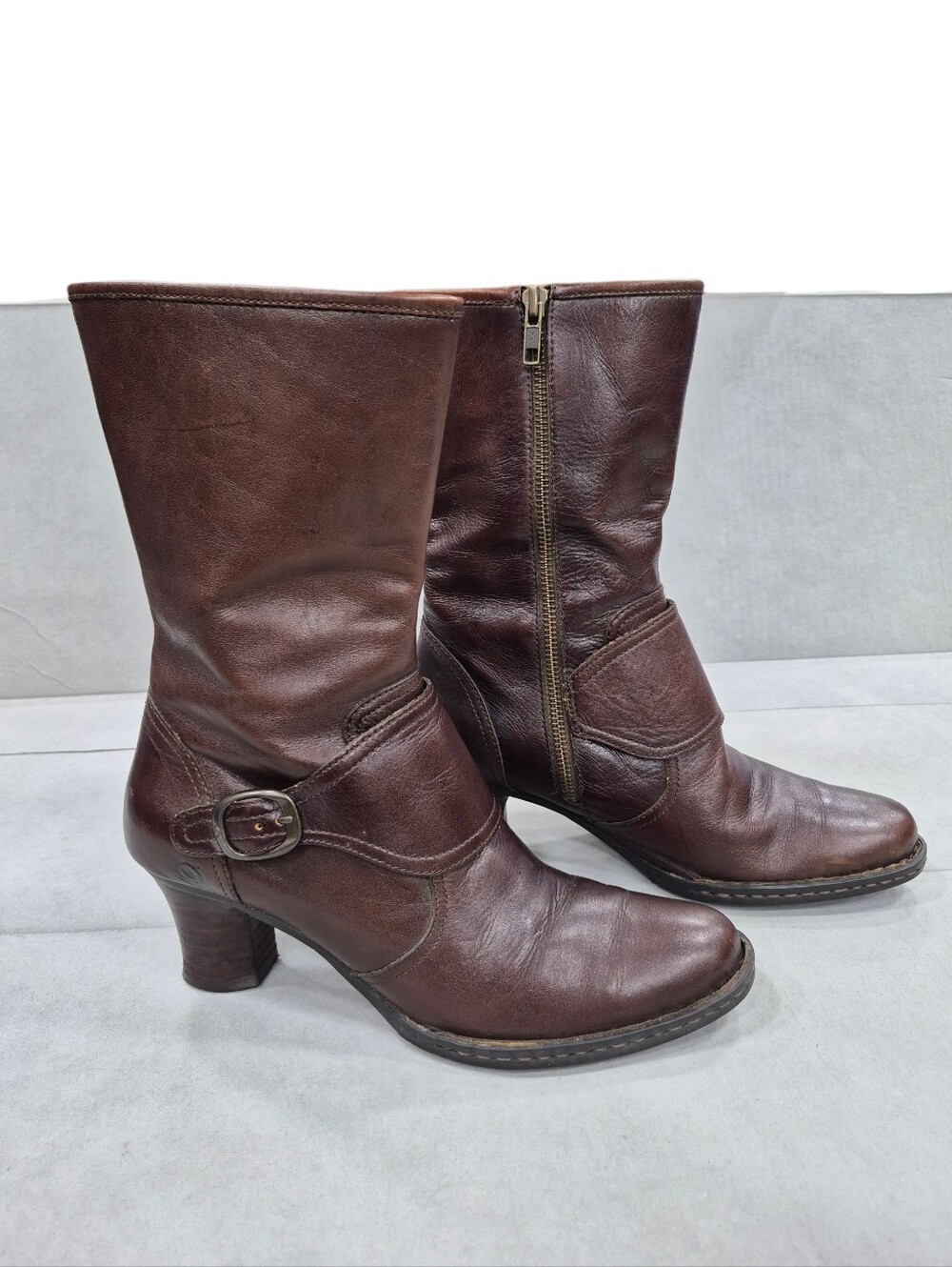 Born calf high boots women's 9M brown leather monk strap buckle side zip heels
